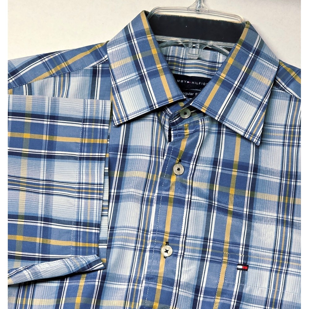 Tommy Hilfiger Plaid Shirt Mens Medium Blue Yellow Regular Fit Short Sleeve